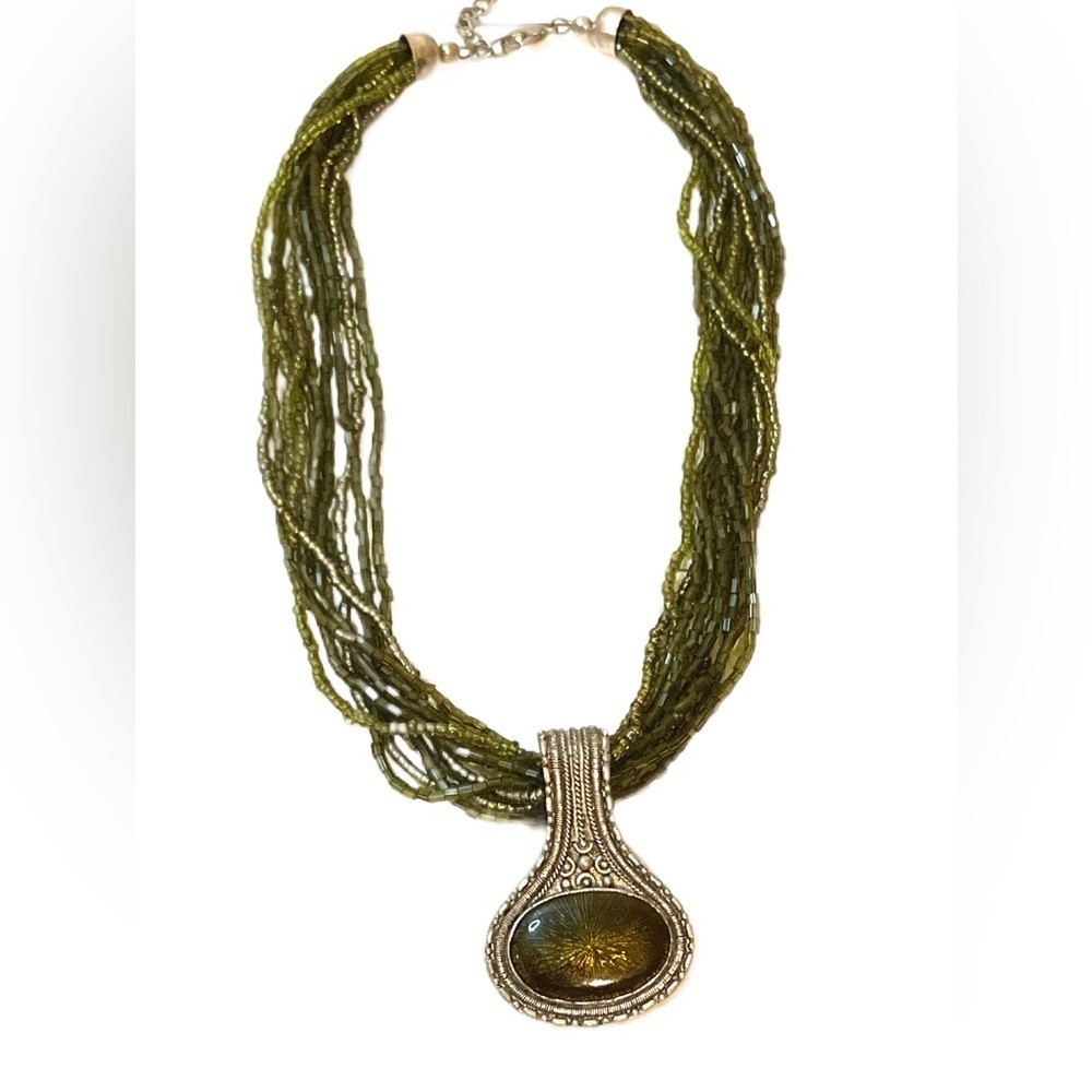 green peridot seed bead multi-strand necklace silver western